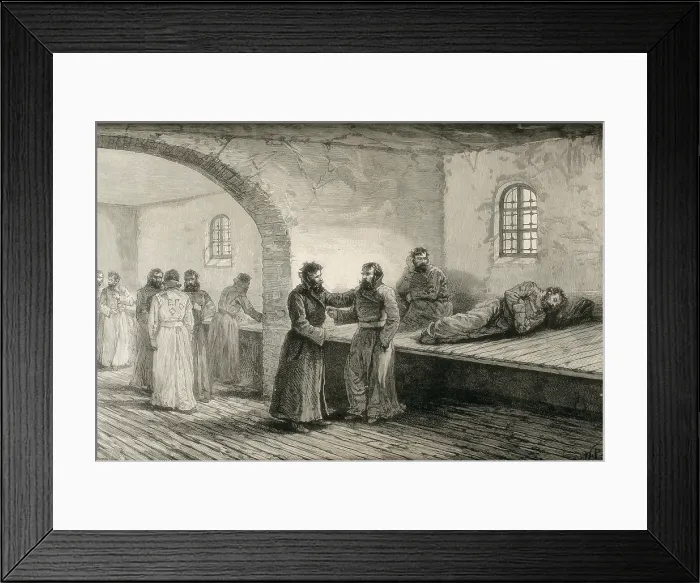 Framed Print : Prison in Yeniseisk (Siberia). 1891. Engraving based on a drawing by Julius M. Price. Daily scene in a prison. Engraving. - J