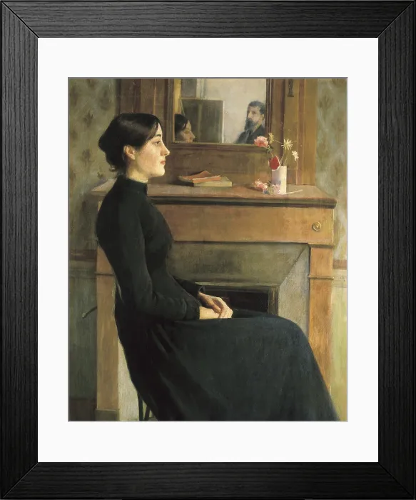 Framed Print : RUSInOL i PRATS, Santiago (1861-1931). Portrait of a Woman. 1894. The painter's figure is reflected on the mirror. Modernism. Oil on canvas. SPAIN. Barcelona