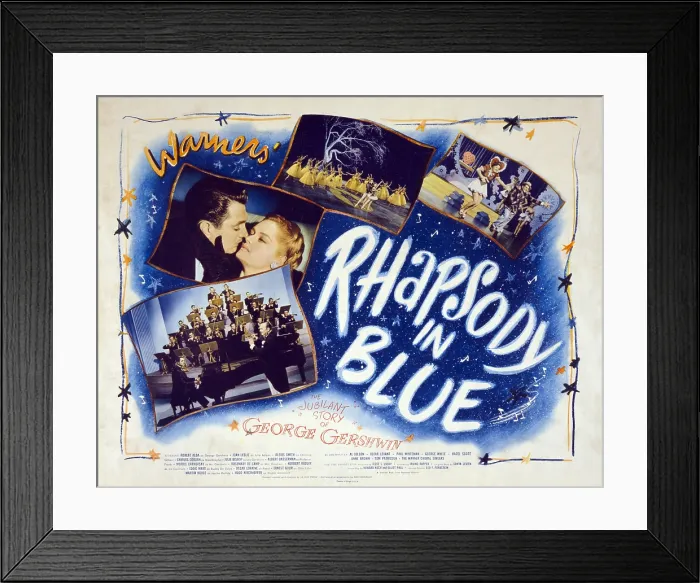 Framed Print : Motion picture poster for RHAPSODY IN BLUE shows Robert Alda, Joan Leslie, Paul Whiteman and his orchestra and others in scenes from the film