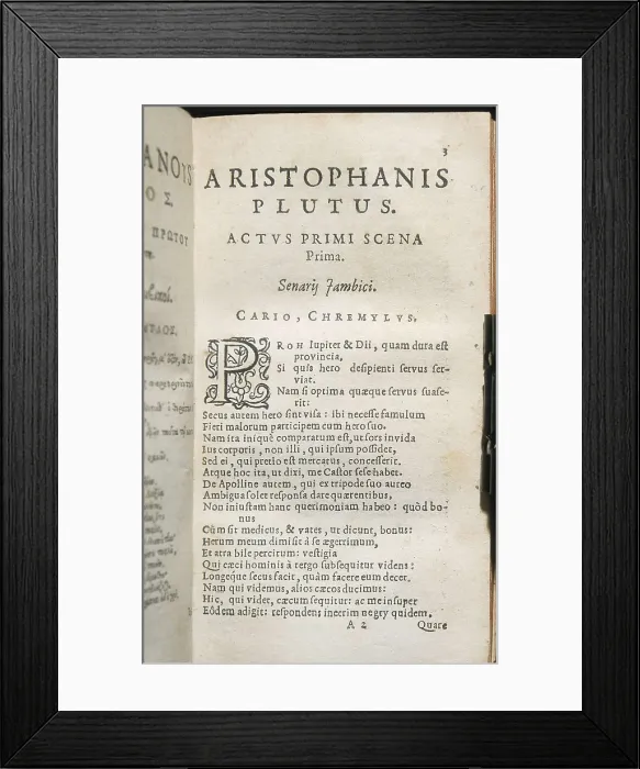 Framed Print : ARISTOPHANES (445-380 BC). First page from the play 'Plutus' or 'Wealth' of Aristophanes. Edition printed in Leyden in 1624