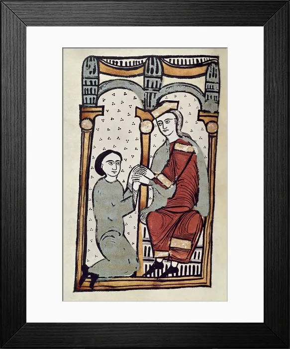 Framed Print : Liber Feudorum Maior. end 12th c. Royal cartulary carried out after Alfonso the Chaste's order. Depiction of a lord and his vassal. Romanesque art. Miniature Painting. SPAIN