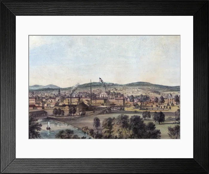 Framed Print : City of Concord, N.H (State House at center). hand-colored lithograph, 1851-1855
