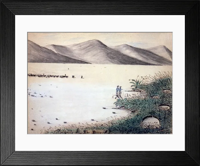Framed Print : Wagon Train to the West. A wagon train of settlers crosses the Nevada desert. Daniel Jenks, color drawing, 1859