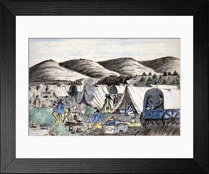 Framed Print : Wagon Train to the West. A wagon train of settlers camps on the Hymboldt River, Nevada Territory. Daniel Jenks, color drawing, 1859
