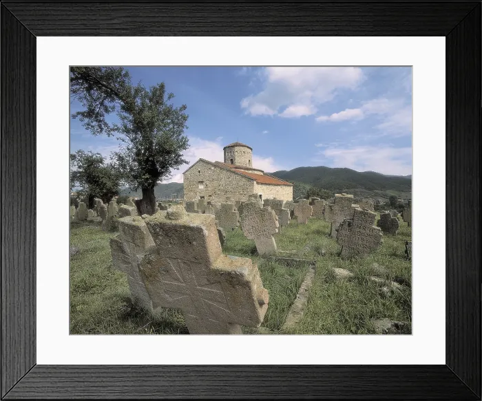 Framed Print : SERBIA. Novi Pazar. Ras Royal Residence. Church of Saint Peter, the most ancient church in Serbia (Pre-Romanesque, 10th c.). In the foreground, old crosses Framed Print : SERBIA. Novi Pazar. Ras Royal Residence. Church of Saint Peter, the most ancient church in Serbia (Pre-Romanesque, 10th c.). In the foreground, old crosses