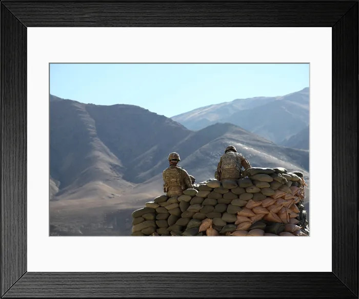 Framed Print : U.S. Army soldiers run communications equipment from a sandbag bunker in the Daymirdad District Center Wardak province Afghanistan Jan