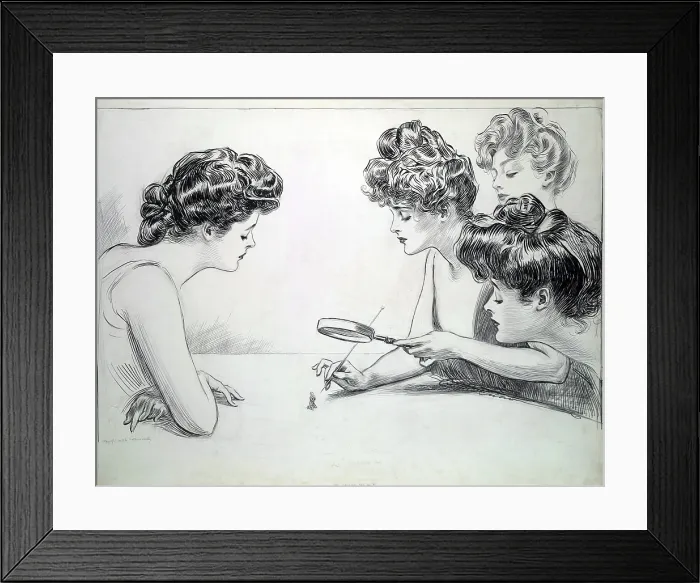 Framed Print : 1903 drawing by Charles Dana Gibson (1867-1944), 'The weaker sex, ' showing four Gibson girls poking a needle at a miniature, insect size man