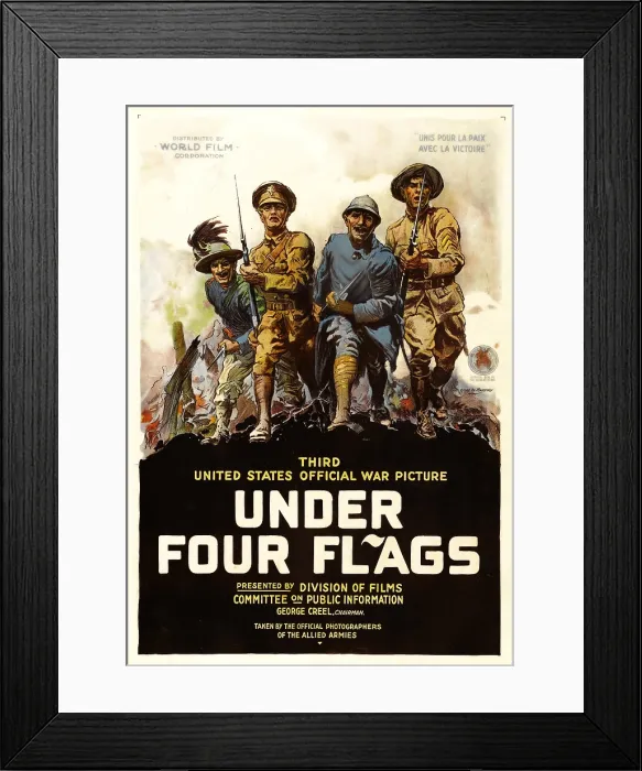 Framed Print : World War I movie poster for 'Under Four Flags, ' showing four fighting soldiers, one from each allied country, 1917