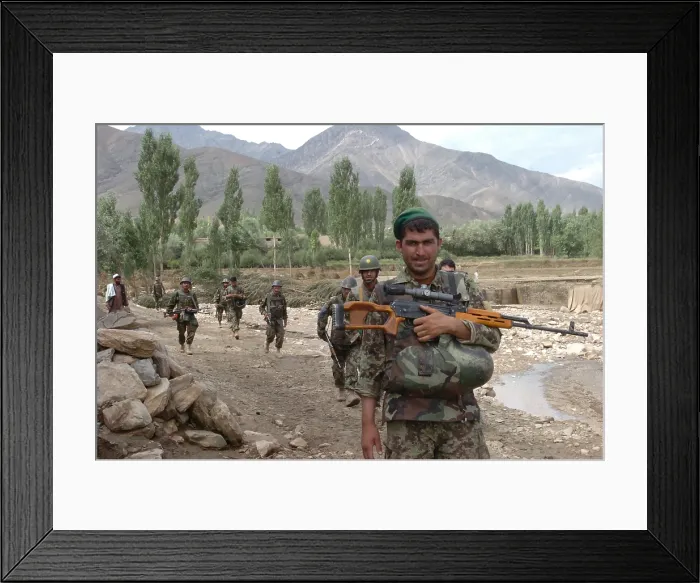 Framed Print : Afghan soldiers patrol behind U.S. Soldiers in Heheayat village Wardak province Afghanistan Aug. 7 2010. Photo by:Everett Collection(BSLOC_2011_6_79)
