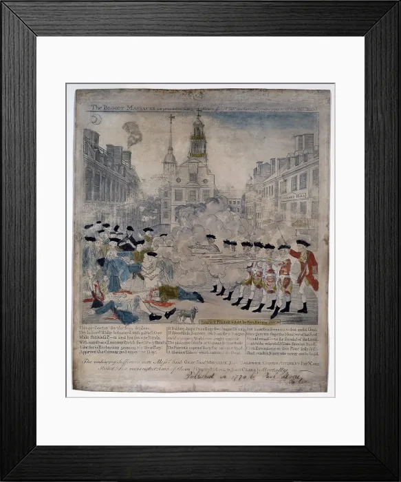Framed Print : Boston Massacre. British troops shoot into and a crowd in Boston, Mass Framed Print : Boston Massacre. British troops shoot into and a crowd in Boston, Mass