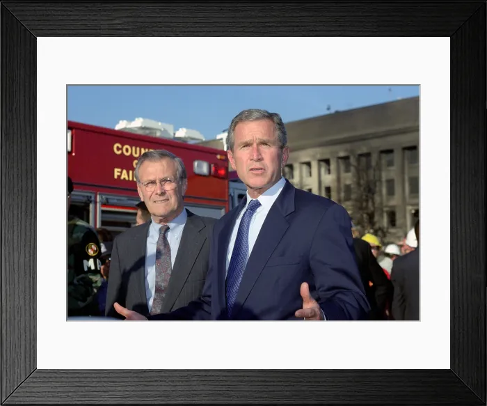 Framed Print : President George W. Bush and Donald H. Rumsfeld left Sec. of Defense address the media outside the Pentagon Washington DC. on Sept