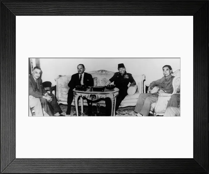 Framed Print : Powerful members of the Non-Aligned Movement. Leaders of China, Indonesia, Pakistan, and Egypt meet in Cairo on Jun. 28, 1965.L-R: Zhou Enlai, Sukarno, Ayub Khan, and Gamel Nasser