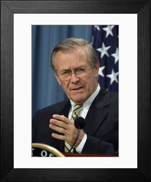 Framed Print : Donald H. Rumsfeld Secretary of Defense during a press briefing about Operation Iraqi Freedom the U.S. lead coalition's invasion of Iraq Framed Print : Donald H. Rumsfeld Secretary of Defense during a press briefing about Operation Iraqi Freedom the U.S. lead coalition's invasion of Iraq
