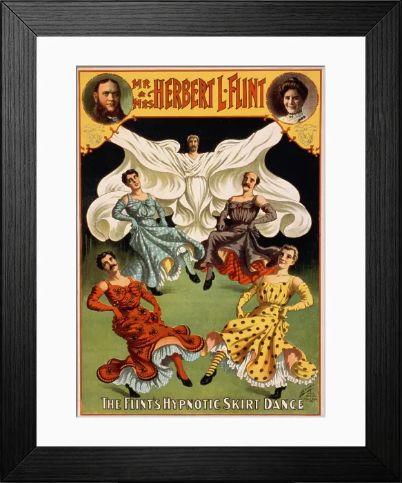 Framed Print : Poster for hypnotists, Mr. & Mrs. Herbert L. Flint, showing mesmerized men performing Flint's Hypnotic Skirt Dance in women's dresses. 1895