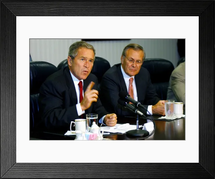 Framed Print : U.S. President George W. Bush answers a question about Osama bin Laden during a press conference held after meeting with U.S. Secretary of Defense Donald H. Rumsfeld. Sept Framed Print : U.S. President George W. Bush answers a question about Osama bin Laden during a press conference held after meeting with U.S. Secretary of Defense Donald H. Rumsfeld. Sept