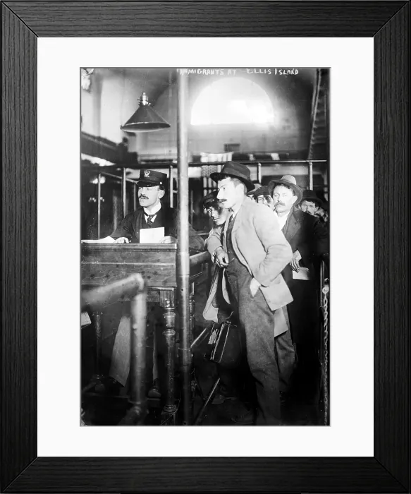 Framed Print : Immigration. Male European immigrants arriving at Ellis Island, ca. 1907