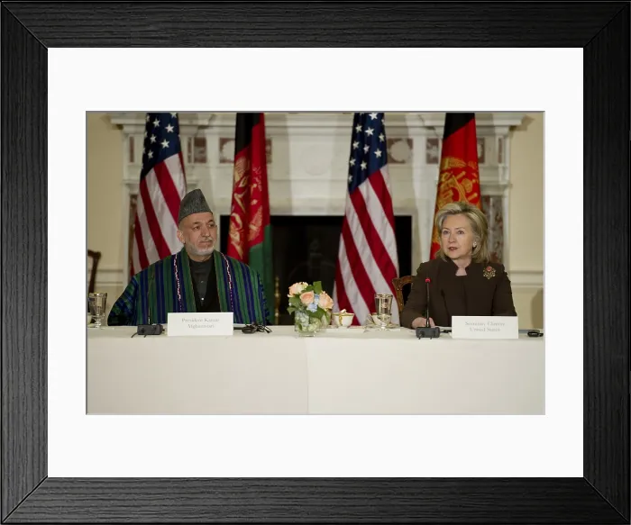 Framed Print : Afghan President Hamid Karzai and Sec. of State Hillary Clinton at a State Department conference on May 11 2010. Photo by:Everett Collection(BSLOC_2011_6_108)
