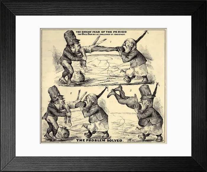 Framed Print : Immigration. The great fear of the period That Uncle Sam may be swallowed by foreigners. The Problem Solved'. Cartoon of Chinese and Irish immigrants devouring Uncle Sam