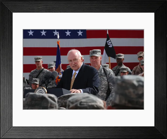 Framed Print : Vice President Dick Cheney speaks to a crowd of soldiers on Balad Air Base Iraq March 18 2008. Photo by:Everett Collection(BSLOC_2011_6_117)