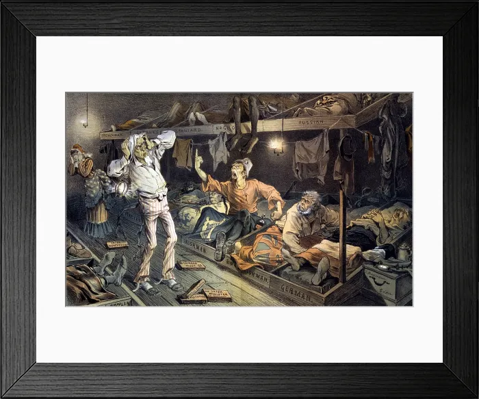 Framed Print : Uncle Sam's lodging-house. Print shows an Irishman berating Uncle Sam in a boarding house filled with laborers, immigrants from several countries who are attempting to sleep Framed Print : Uncle Sam's lodging-house. Print shows an Irishman berating Uncle Sam in a boarding house filled with laborers, immigrants from several countries who are attempting to sleep