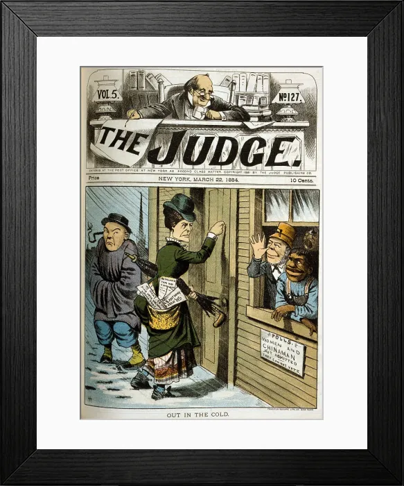 Framed Print : Out in the cold. Illustration of a woman and an immigrant Chinese man denied the right to vote; an Irish man and an African American man mock them from the polling place