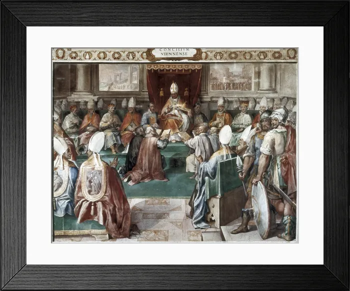 Framed Print : Council of Vienne (1311), convened by the Pope Clement V under pressure of the king Philip IV of France to suppress the Order of the Temple. Painting by Cesare Nebbia (1536-1614)
