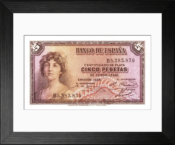 Framed Print : Five pesetas bill (Spain1935). AISA / Everett Collection (36297)**US SALES ONLY**