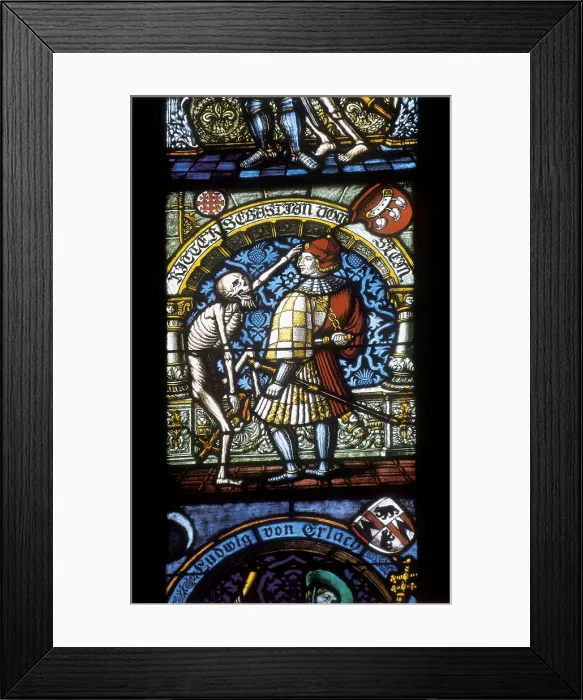 Framed Print : SWITZERLAND. Bern. Cathedral of St. Vincent. Glass windows (1421). Detail with a Knight and the Death. Gothic art. Glass window. AISA / Everett Collection (27564)**US SALES ONLY**