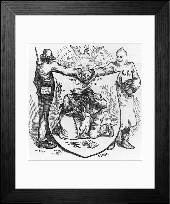 Framed Print : The Union as it was. The lost cause, worse than slavery'. The White League and the Ku Klux Klan united. Cartoon by THomas Nast, 1874