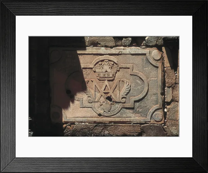 Framed Print : ARGENTINA. MISIONES. San Ignacio Mini. Jesuit Missionfounded in 17th c. Masonry stone with the Greek initials of the name of Jesus