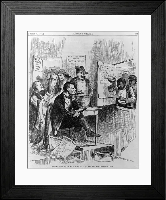 Framed Print : African Americans being discriminated against at the polls by members of the White League. Cartoon, 1874