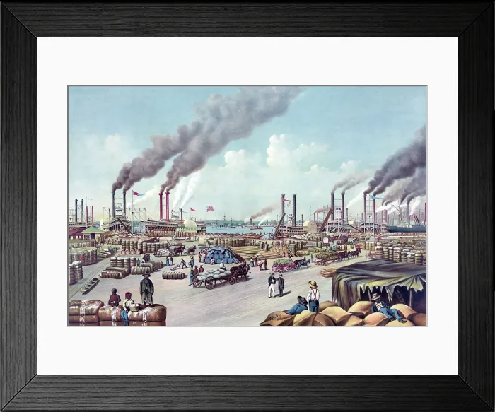 Framed Print : New Orleans- the levee. Riverboats unload cotton and other goods on the levve in New Orleans, Louisiana. Chromolithograph ca. 1884