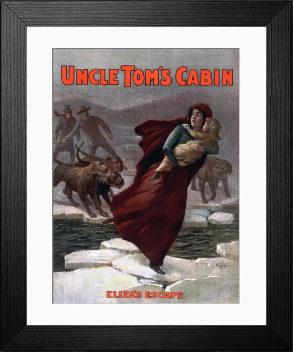 Framed Print : Poster for an 1881 theatrical production of Harriett Beecher Stowe's, Uncle Tom's Cabin showing Eliza escaping over the ice flows with bloodhounds in pursuit
