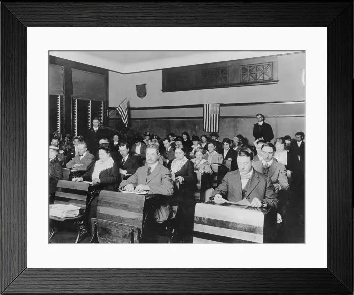 Framed Print : Department of Labor naturalization class teaching immigrants English and US political culture in 1920 Framed Print : Department of Labor naturalization class teaching immigrants English and US political culture in 1920