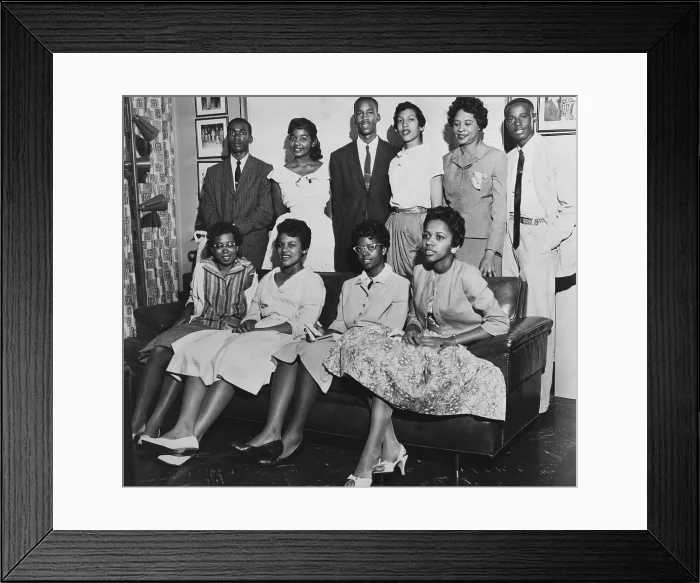 Framed Print : Little Rock Nine and Daisy Bates posed in living room during the turmoil of the federally enforced desegregation of Central High School
