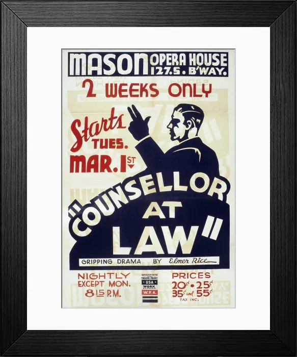 Framed Print : Poster advertising 'Counselor at law, ' a play written by American Elmer Rice (1892-1967) in 1931 the play would be made into a movie starring John Barrymore in 1933