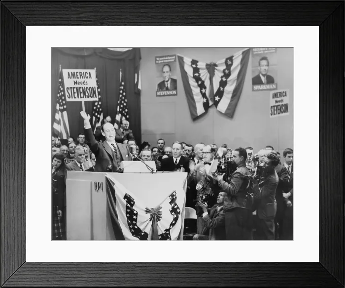 Framed Print : Democratic candidate for President, Adlai E. Stevenson, waving to crowd at Rensselaer Polytechnic Institute, Troy, N.Y. during television broadcast of the 1952 campaign Framed Print : Democratic candidate for President, Adlai E. Stevenson, waving to crowd at Rensselaer Polytechnic Institute, Troy, N.Y. during television broadcast of the 1952 campaign