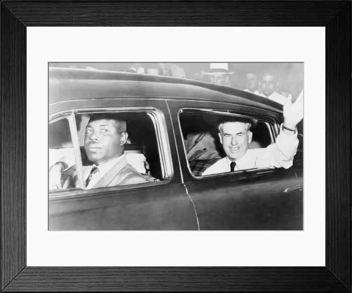 Framed Print : Henry A. Wallace waving from an automobile driven by an African American after canceling a speaking engagement in Birmingham, Alabama, because its audience was segregated