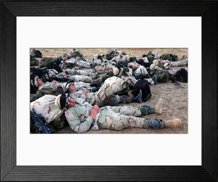 Framed Print : U.S. Soldiers of the 10th Mountain Division sleep in an open field after their first day in Uzbekistan where U.S