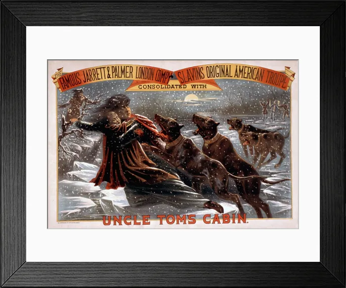 Framed Print : Poster for an 1881 theatrical production of Harriett Beecher Stowe's, Uncle Tom's Cabin showing Eliza escaping over the ice flows with bloodhounds in pursuit