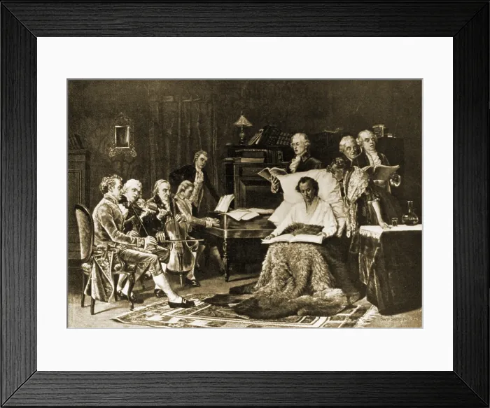 Framed Print : Mozart (1756-1791) in bedchair during his fatal illness, singing his requiem. In 1891 Mozart was commissioned to compose a requiem, which he left incomplete at his death Framed Print : Mozart (1756-1791) in bedchair during his fatal illness, singing his requiem. In 1891 Mozart was commissioned to compose a requiem, which he left incomplete at his death