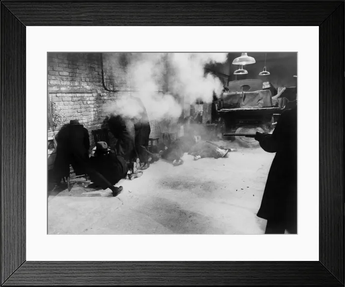 Framed Print : Re-enactment of the St. Valentine's Day massacre from Roger Corman's 1967 film, THE ST. VALENTINE'S DAY MASSACRE