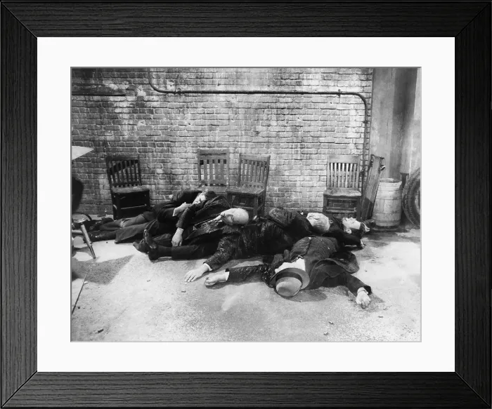 Framed Print : Re-enactment of the St. Valentine's Day massacre from Roger Corman's 1967 film, THE ST. VALENTINE'S DAY MASSACRE