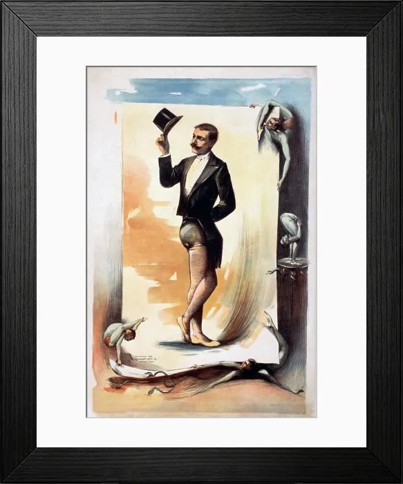 Framed Print : Poster advertising the act of a contortionist twisted so that his face and rear-end are oriented in the same direction. 1892