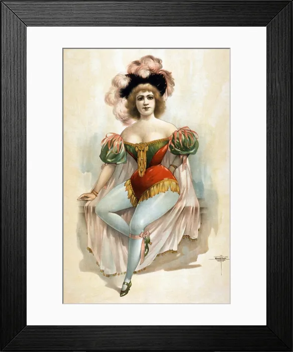 Framed Print : Burlesque chorus girl in her brief costume of blue tights, pink cape with feathers in her hair. 1899