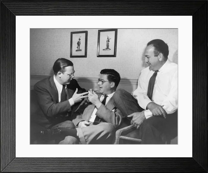 Framed Print : At RKO pictures, Mark Robson, Robert Wise, and producer, Val Lewton meet during the making of the horror film classic, CAT PEOPLE, 1942 Framed Print : At RKO pictures, Mark Robson, Robert Wise, and producer, Val Lewton meet during the making of the horror film classic, CAT PEOPLE, 1942