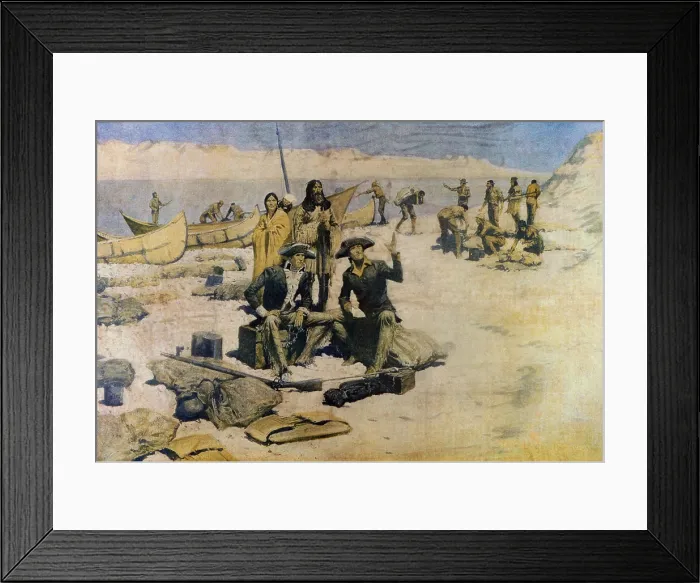 Framed Print : Lewis and Clark on the Columbian River by Frederic Remington. Behind the explorers is Sacajawea with her baby and husband