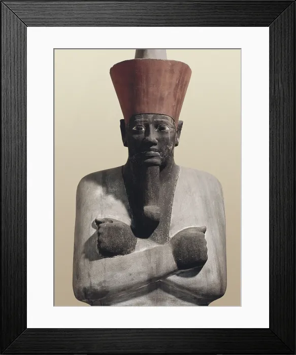 Framed Print : Statue of Mentuhotep II. 2040 BC. Detail. Appears identified as Osiris, wearing the red crown of Lower Egypt and with the curved point beard common among the gods. Egyptian art