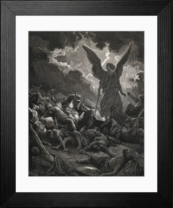Framed Print : Dore, Paul Gustave (1832-1883). La Sainte Bible. 1866. Angel of Yahweh of the army of Sennacherib. Engraving Framed Print : Dore, Paul Gustave (1832-1883). La Sainte Bible. 1866. Angel of Yahweh of the army of Sennacherib. Engraving