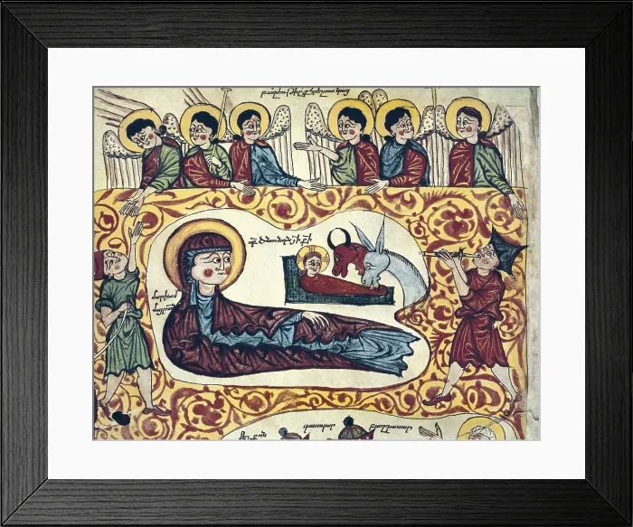 Framed Print : Armenian Gospel. The Adoration of the shepherds. 12th-13th c. Romanesque art. Miniature Painting. IRAN. Esfahan. Armenian Museum